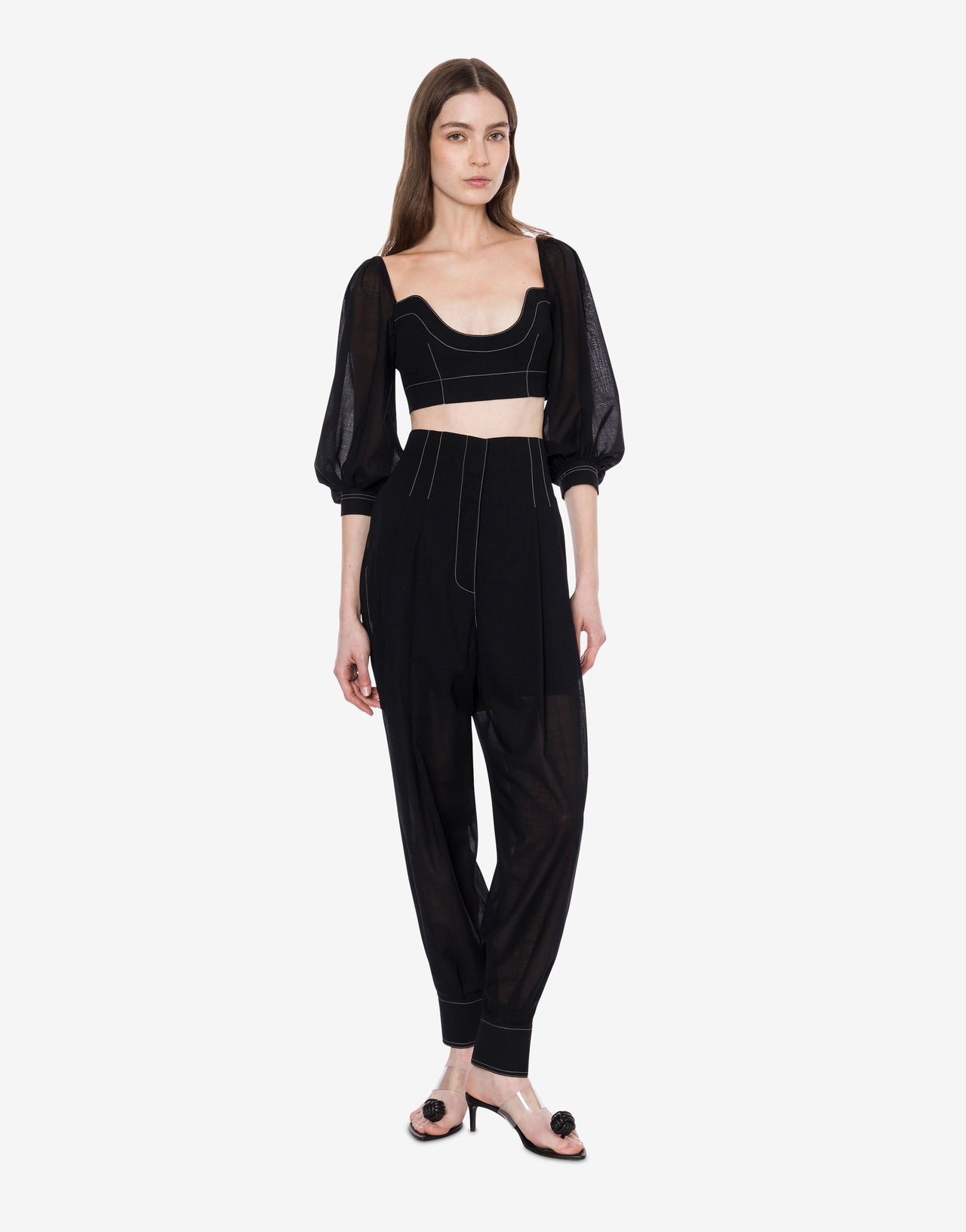 Voile crop top with topstitching