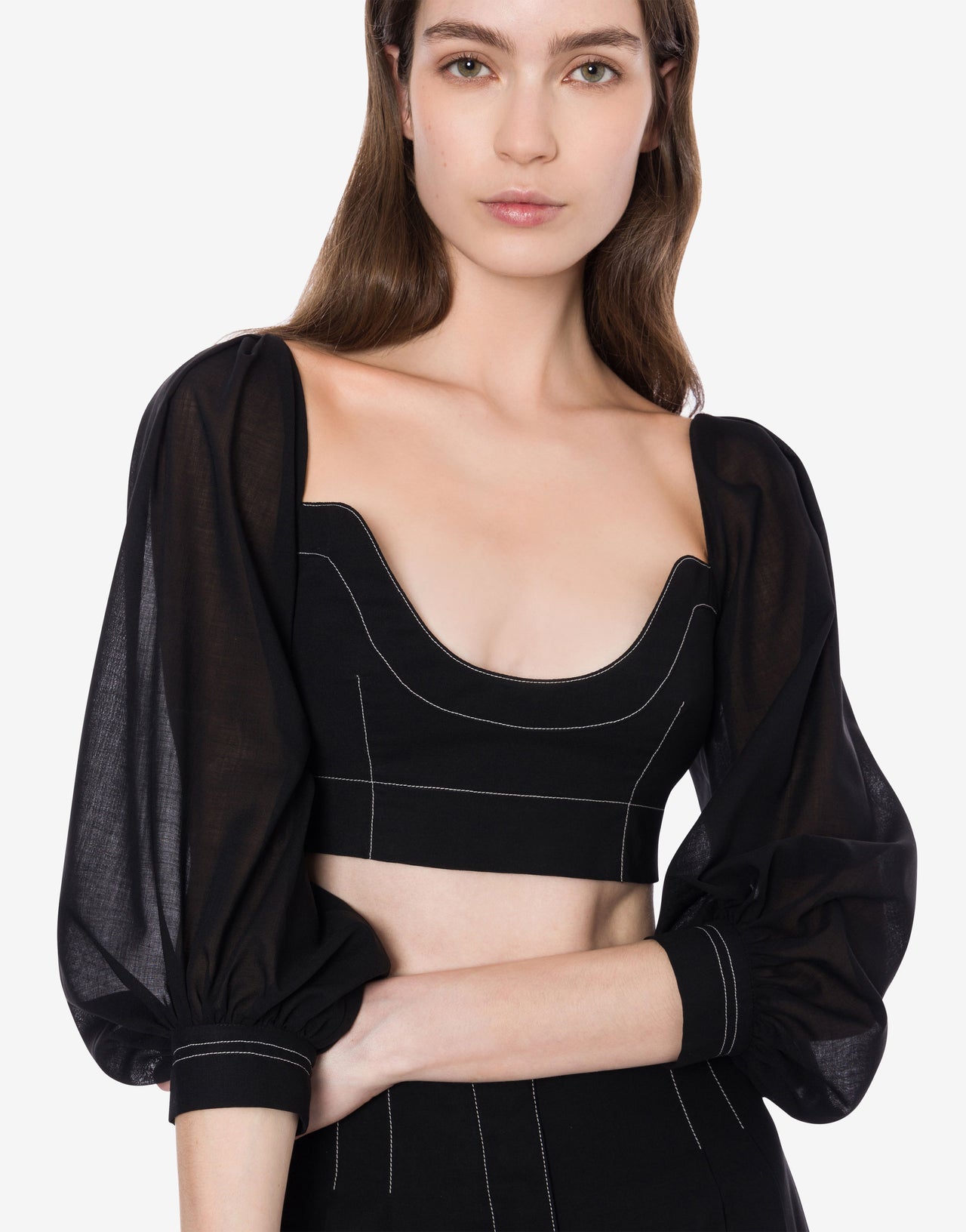 Voile crop top with topstitching