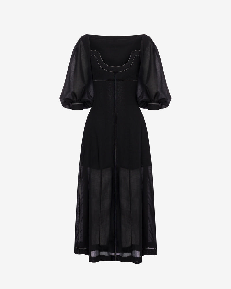 Long voile dress with topstitching