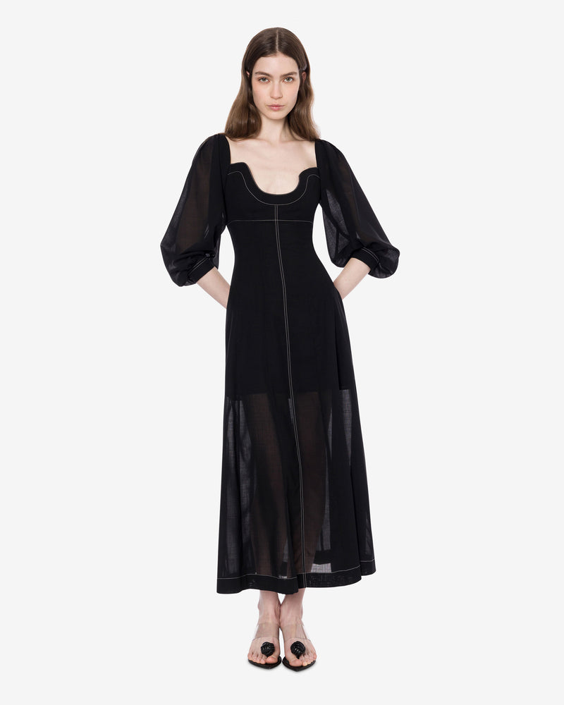 Long voile dress with topstitching