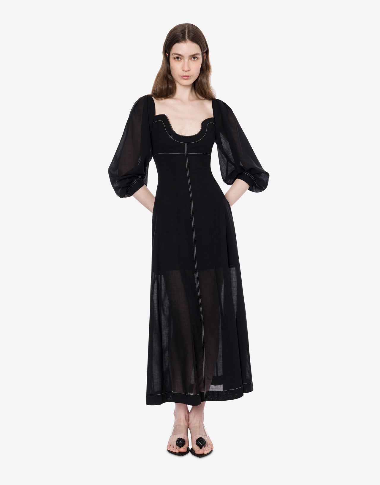 Long voile dress with topstitching