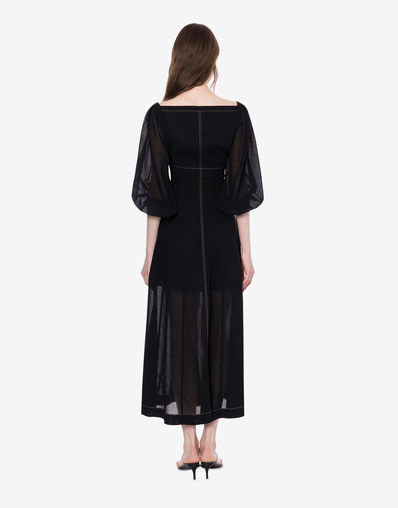Long voile dress with topstitching