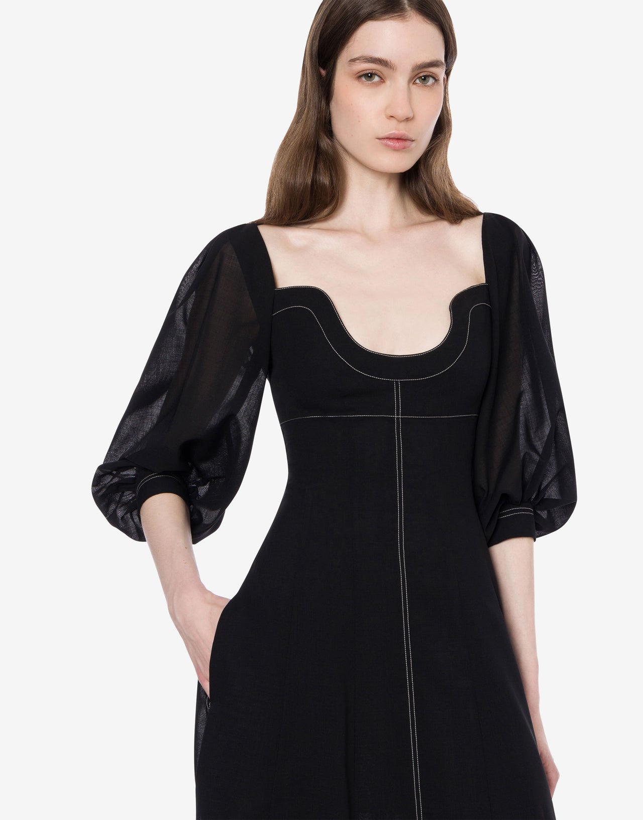 Long voile dress with topstitching