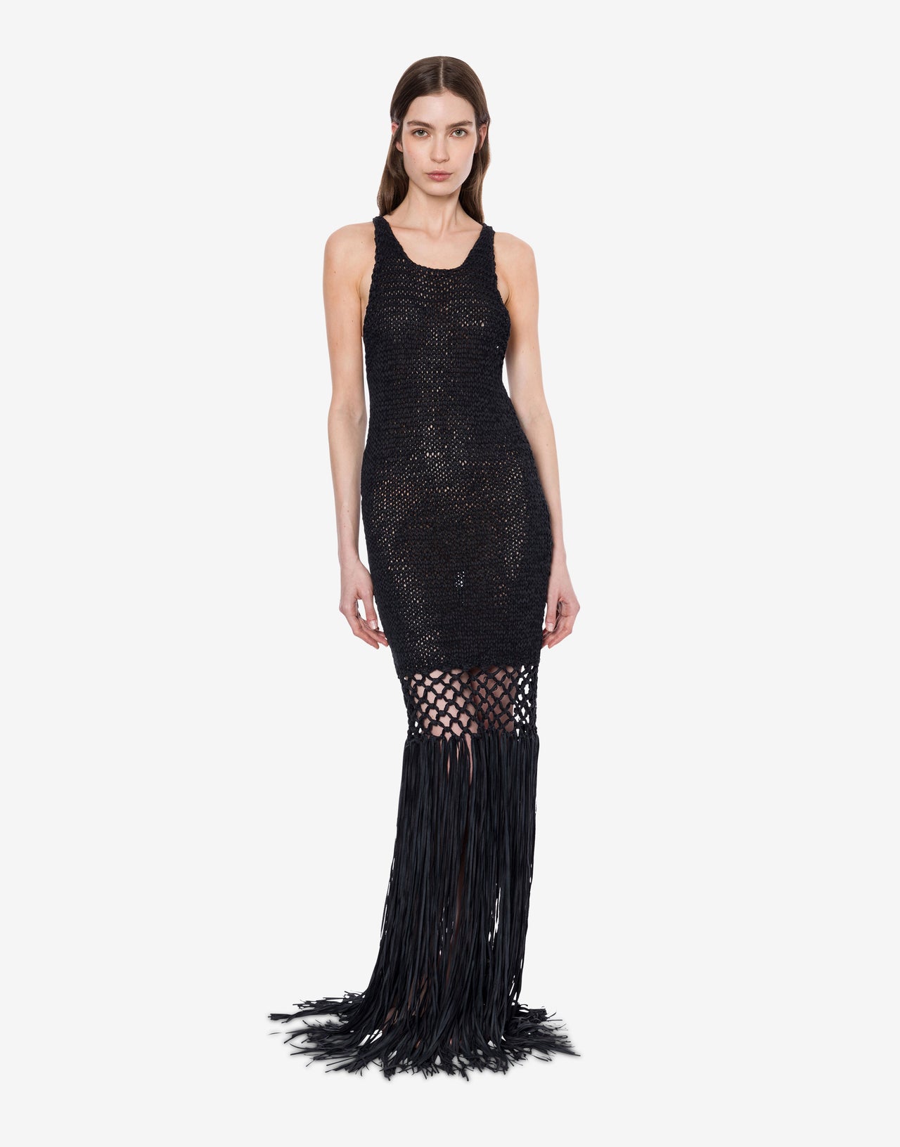 Suede webbing dress with bangs