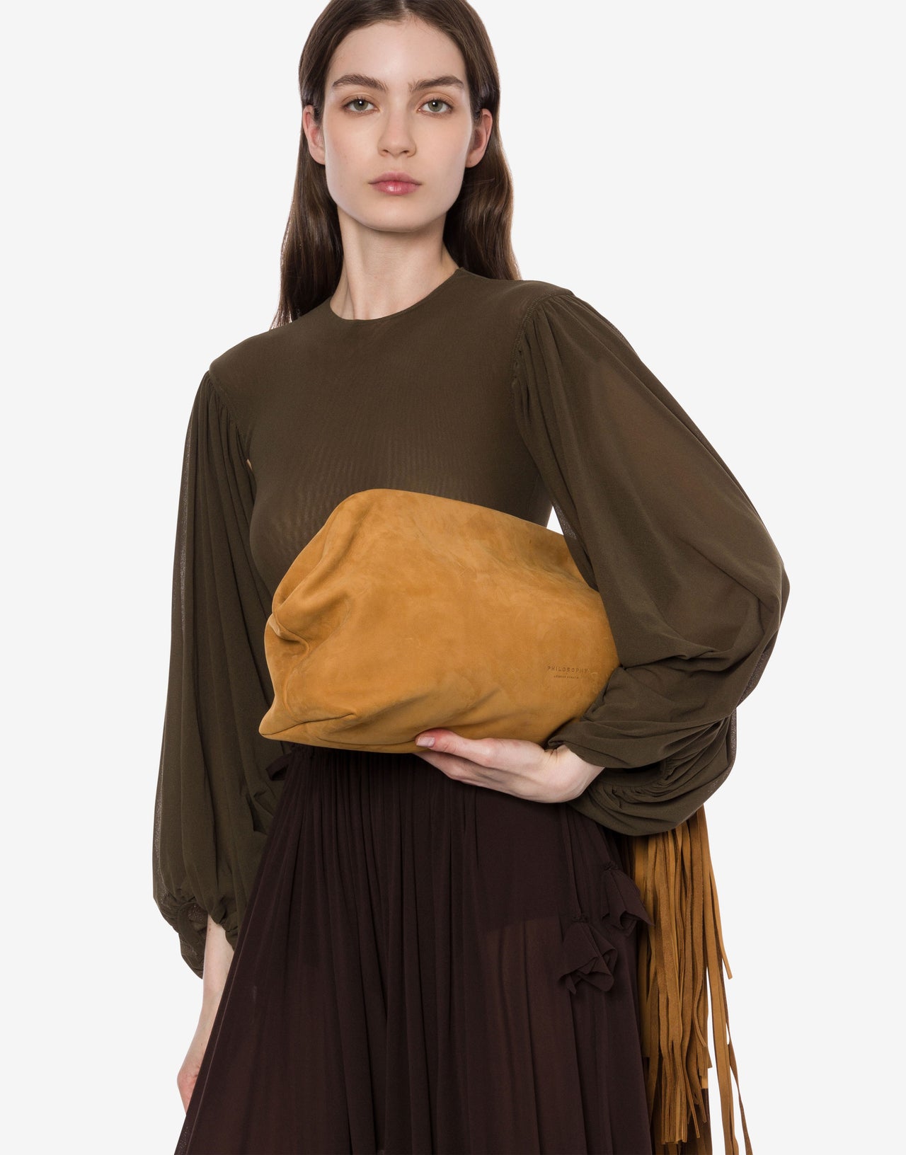 Clutch maxi en nubuck frangé