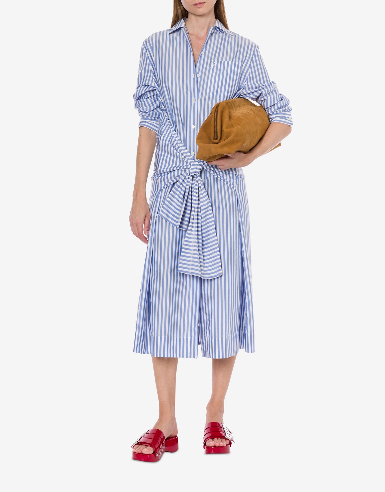 Dress longuette in striped cotton with shirt sleeves