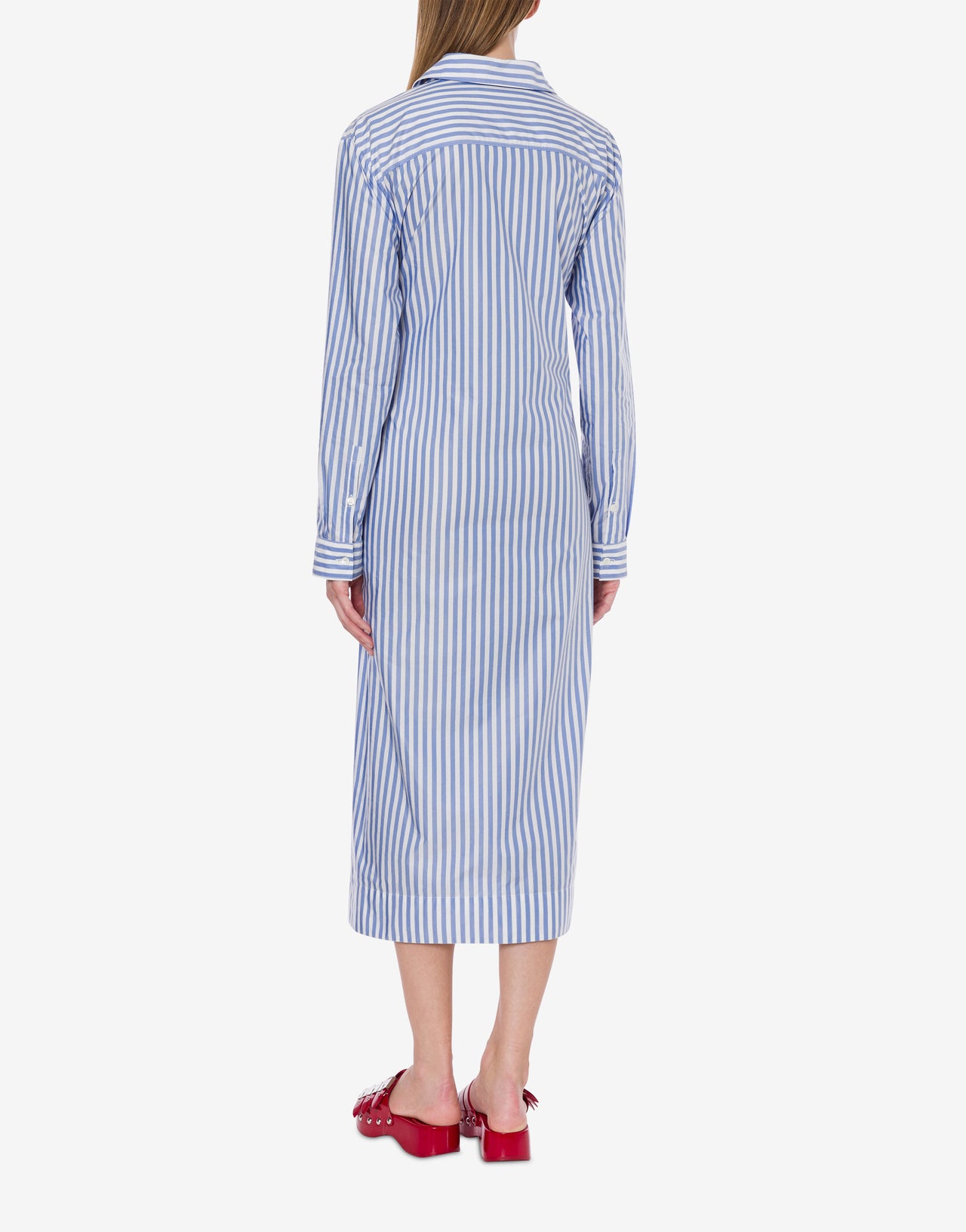 Dress longuette in striped cotton with shirt sleeves