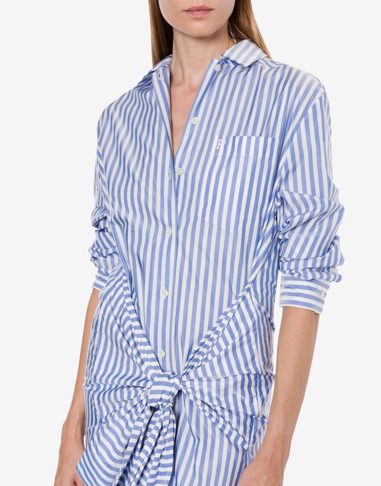 Dress longuette in striped cotton with shirt sleeves