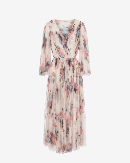 Pleated tulle dress with flower print