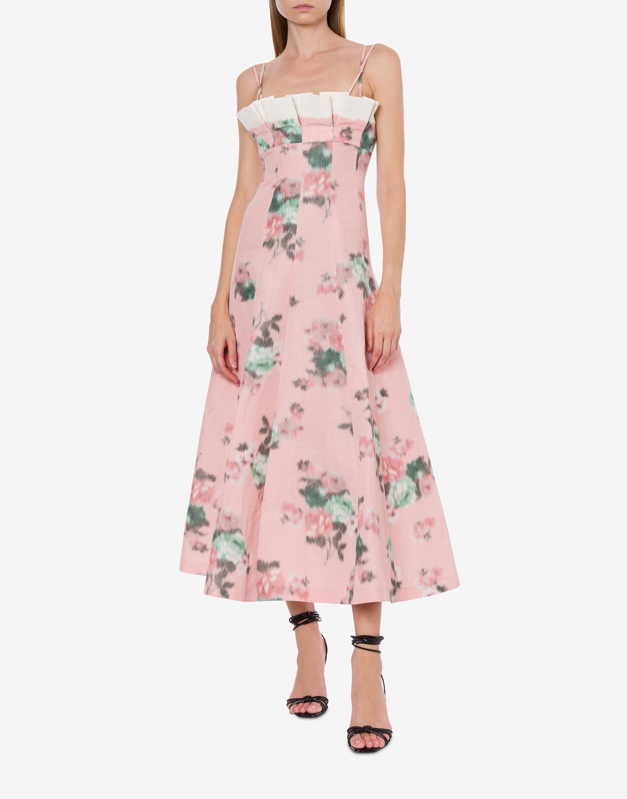 Dress longuette in taffetà with ruches