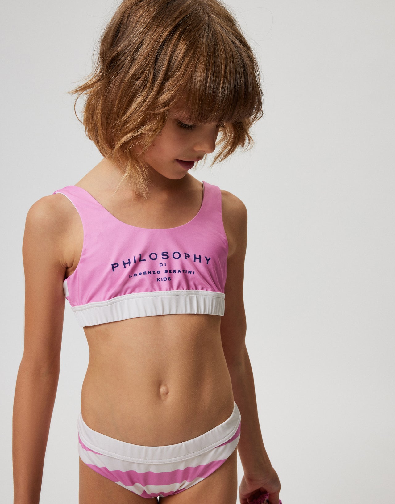 Kids two-piece striped swimming costume with logo